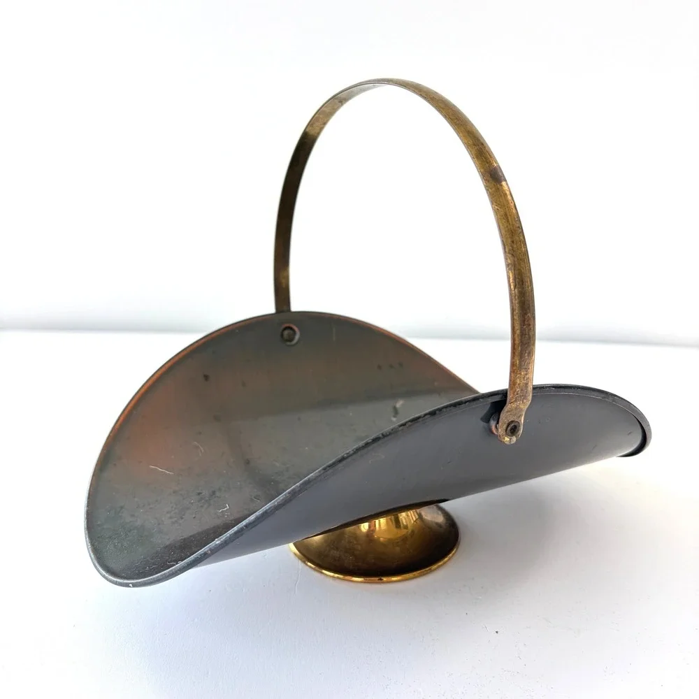 Vintage Mid Century Modern Mixed Metal Basket Brass Handle Pedestal Base Copper